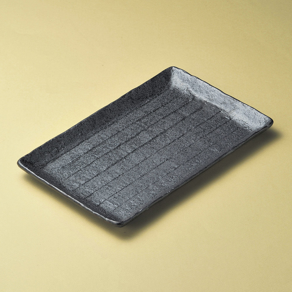 18909-459 / 검은 유약 새 하키 접시 / 33.5×21×2.4㎝ /  일본그릇