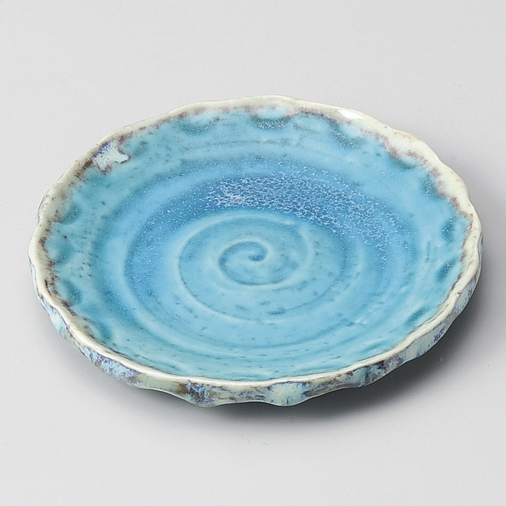 푸른 회오리 무늬 흰 라인 13cm 둥근 원형 그릇 터키 블루 물결 접시 33414-268 일본그릇