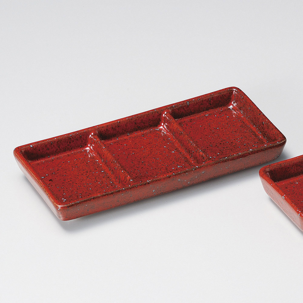 39103-149 / 붉은 유자 3 칸막이 / 21×9.5×2.5㎝ /  일본그릇