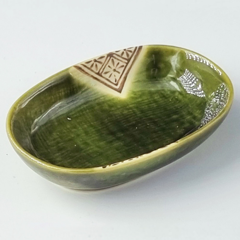 녹색 전통 문양 플레이팅 접시 타원형 일반 종지 oj102-014 일본그릇