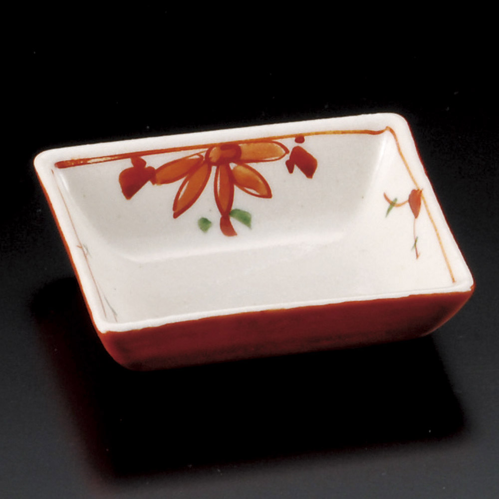 붉은 라인 꽃무늬 8cm 깊은 소스 그릇 빨간 꽃 사각 종지  레드 34103-578 일본그릇